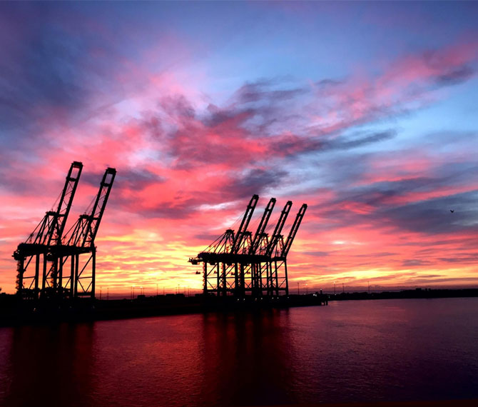 Offshore oil platform at sunset